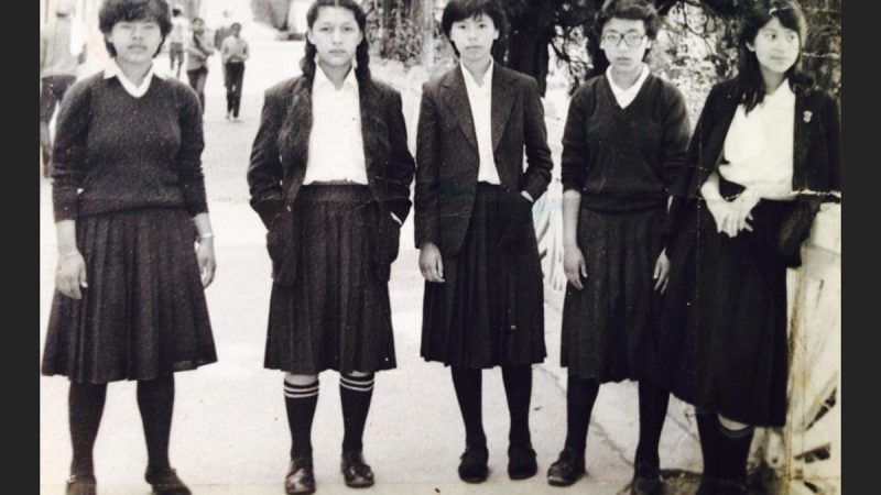 A photo of my aunt (centre) along with her friends dressed in their school uniform. 
This was taken during the early 1980’s in the Mall Road. (Photo Courtesy: Nangsel Sherpa)